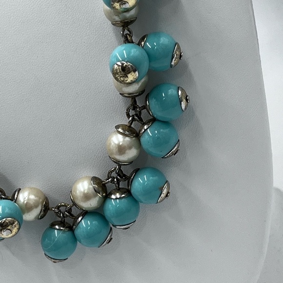 J. Crew Funfetti Aqua Faux Pearl Turquoise Beaded Bauble Cluster Bib Necklace - Picture 8 of 16